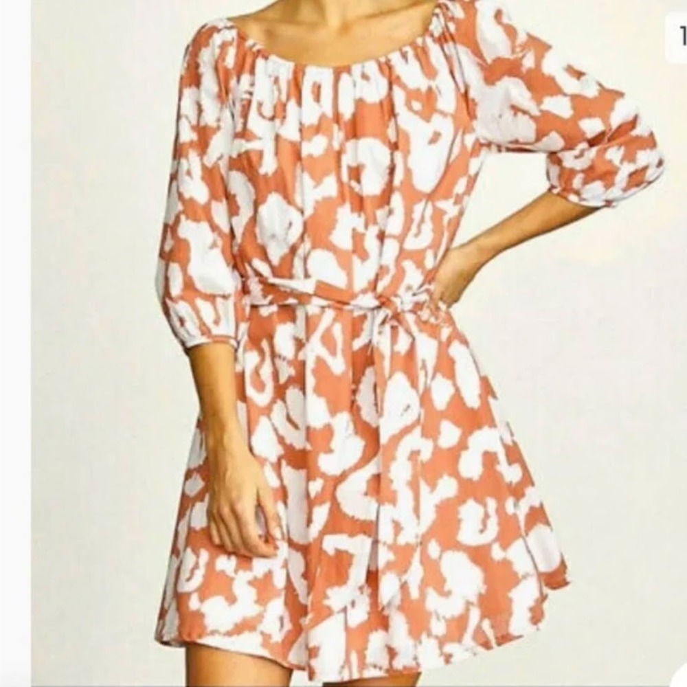 Elizabeth and James Orange White Abstract Print Belted Mini Dress Large L